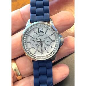 Women's Silver Tone Vivani 35mm Watch, Crystal Accents, Blue Poly Band